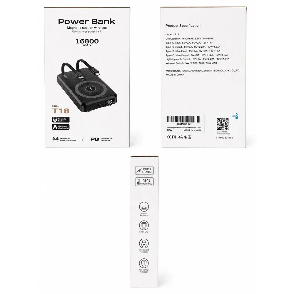 Power Bank 16800 MAH Magnetic Suction Wireless With Type C And Wireless Output